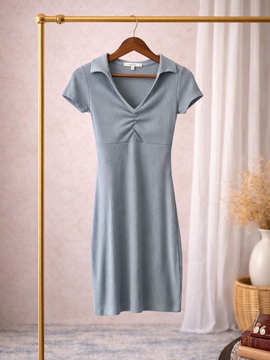 Dresses & Skirts - Light Blue Ribbed Polo V-Neck Dress by